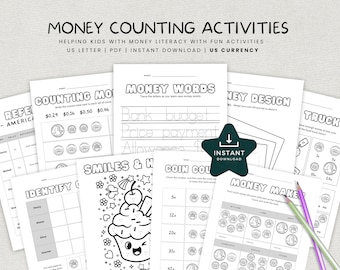 Geldactiviteit kinderen, Amerikaanse munten leren werkbladen, geldwaarde leren, rekenspel eerste leerjaar geld, lessen thuisonderwijs - INSTANT DOWNLOAD