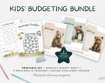 Puede incluir: Un paquete imprimible de presupuesto para niños con una hoja de presupuesto mensual, un rastreador de ahorros y rastreadores de gastos y donaciones. El paquete incluye ilustraciones de un oso, una colmena y un tarro de monedas. El texto dice "KIDS' BUDGETING BUNDLE".