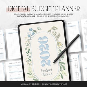 Planejador de Orçamento Digital 2026 para GoodNotes e Notability: Planejador Financeiro de Salário Mensal com Flores Azuis - LD054