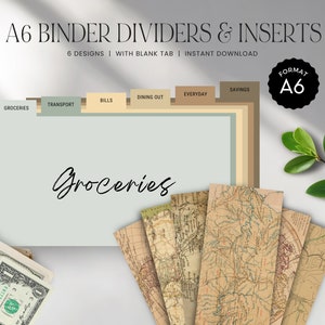 May include: A6 binder dividers and inserts with tabs labeled "Groceries", "Transport", "Bills", "Dining Out", "Everyday", and "Savings". The dividers are in shades of beige, green, and brown. The image also includes map-themed inserts and a stack of US $100 bills.