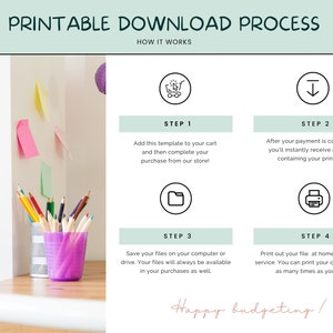 May include: Printable download process infographic with four steps. Step 1: Add to cart. Step 2: Download PDF. Step 3: Save files. Step 4: Print. The image includes a shopping cart, a download arrow, a folder, and a printer icon.
