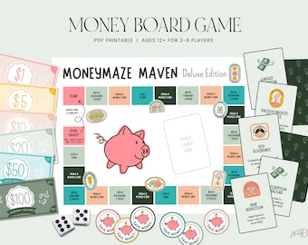 May include: A printable board game called "Moneymaze Maven Deluxe Edition" with a pink piggy bank illustration. The game includes money cards, dice, and game cards with titles like "Gadget Addiction", "Passive Profits", and "DIY Dividends".