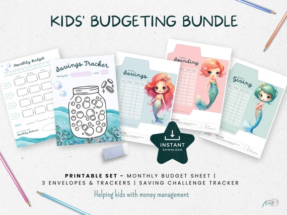 Kids Budgeting Printables Set, Cash Envelopes with Transaction Tracker, Savings Tracker, Monthly Budget INSTANT DOWNLOAD, Little Mermaid