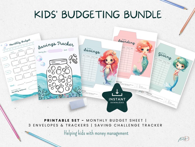 May include: Printable budgeting bundle for kids featuring a monthly budget sheet, three envelopes, and a savings tracker. The design features a mermaid theme with illustrations of mermaids and seashells.