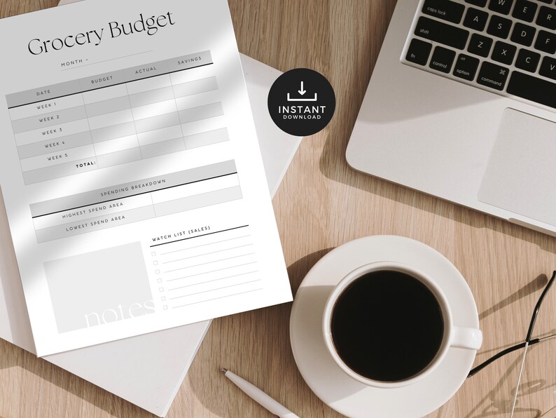 Minimalist Grocery Budget Printable, Food Shopping with Budget & Spending Tracker, Grocery Food Budget, INSTANT DOWNLOAD, 5p - Gray LD056 image 3