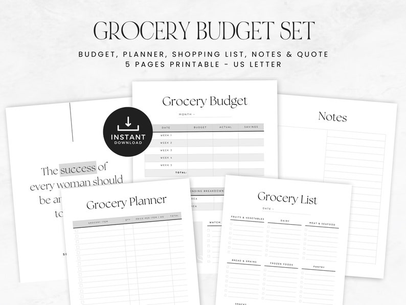 Minimalist Grocery Budget Printable, Food Shopping with Budget & Spending Tracker, Grocery Food Budget, INSTANT DOWNLOAD, 5p - Gray LD056 image 1