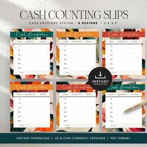Cash Breakdown Slip, Bank Teller Slip Printable, Coin Counting, Money Trackers Printable, Cash Envelope, INSTANT DOWNLOAD - Autumn Leaves