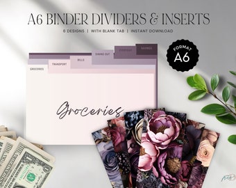 Classeur A6, intercalaires et intercalaires pour billets, range-monnaie, système budgétaire pour enveloppes, Rembourrage en espèces, TÉLÉCHARGEMENT IMMÉDIAT, lot de 6 - Moody Floral