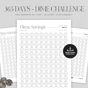 365 dagen besparingsuitdaging, Dime Challenge-grafiek afdrukbaar, 365 dagen Dime-tracker, 52 weken spaardoelen, INSTANT DOWNLOAD, pdf-brief