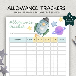 Allowance Tracker Printable, Editable PDF Chore Chart, Play Money Reward System, Weekly Tracker for kids activity, INSTANT DOWNLOAD, Space