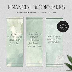 Finance Bookmark Printable, Bookmark Png, Financial Books, Money Quotes, INSTANT DOWNLOAD, Letter/A4/ PNG - Set 3 - Green Texture
