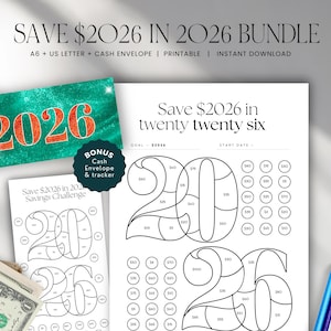 以下が含まれることがあります： 「2026年に2026ドル貯める」というテキストが入った、印刷可能な貯蓄チャレンジのバンドル。現金封筒とトラッカーが含まれています。デザインは、貯蓄チャート形式で2026の数字を表示しています。