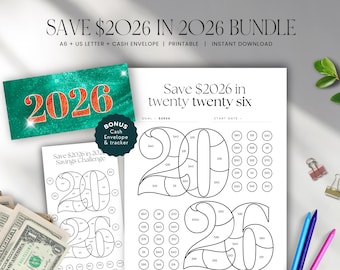 Save 2026 Challenge Bundle: Save 2026 in 2026 Printable and 2k Cash Envelope Budget Tracker PDF