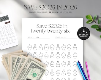 Sfida di risparmio 2026 stampabile: risparmia nel 2026, grafico degli obiettivi di risparmio con barattoli, download immediato