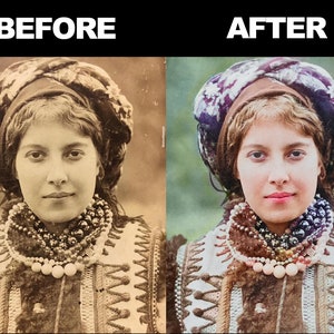 May include: A colorized photo of a woman wearing a patterned headscarf and a beaded necklace. The woman is looking directly at the camera.
