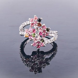 Turmuli Cubic Zirconia Sterling Silver Ring: Flower Statement Ring