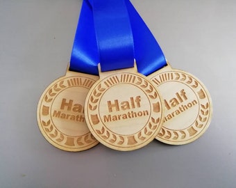 Eco-Friendly Wooden Medals with Satin Ribbon: 5K 10K Couch C25K Full Marathon Half Marathon Running Football Trophy