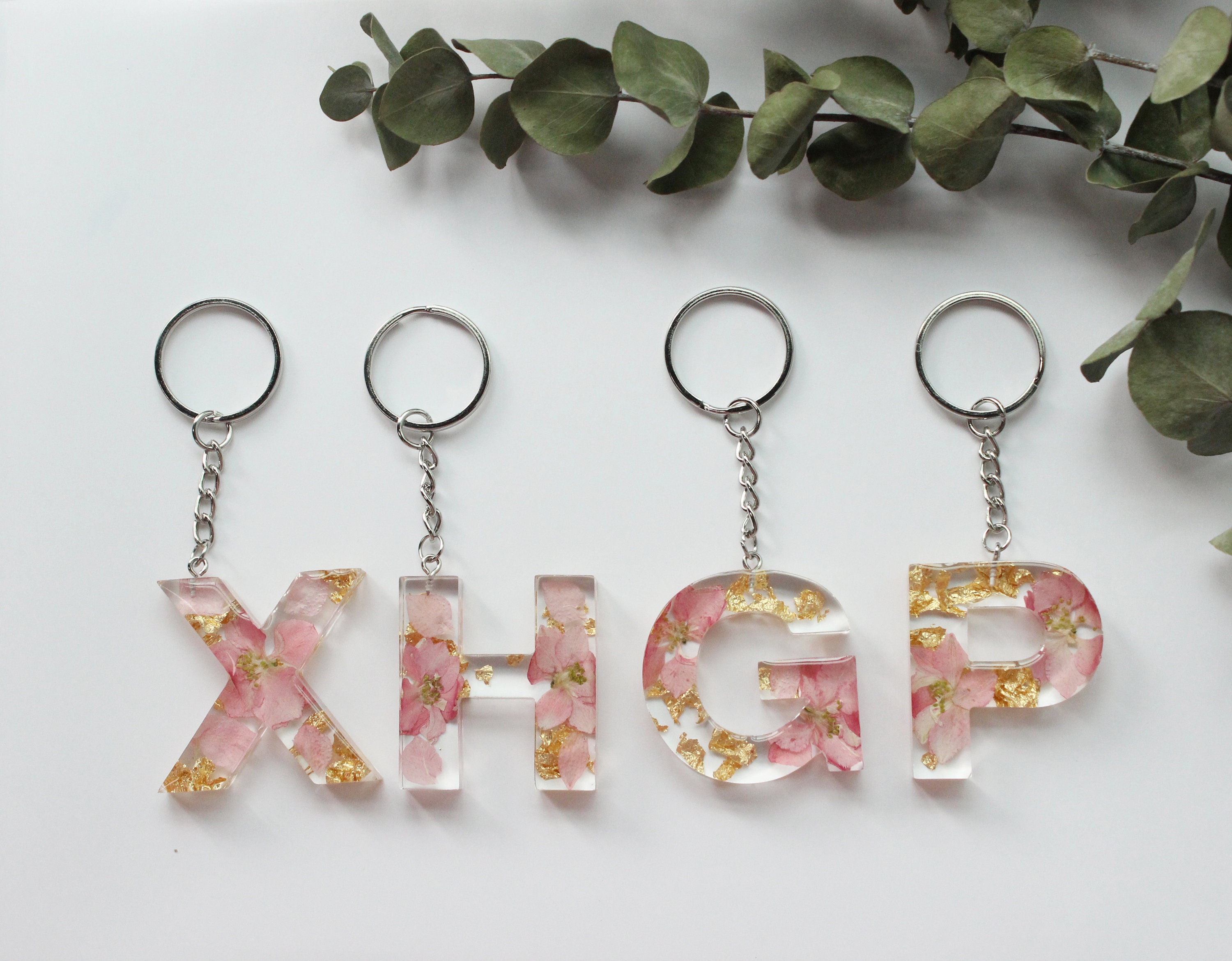 Resin Real Flower Letter Initial Keychain Pink Pressed Flower Etsy