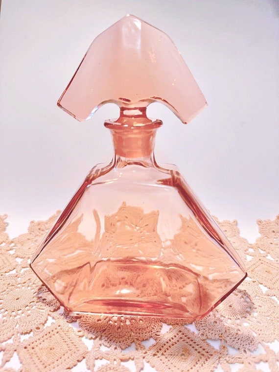 Antique Czech Art Deco Pink Glass Big Perfume Bot… - image 2