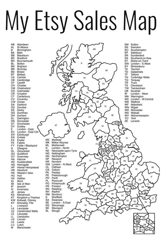 Uk Postcode Map Black And White Uk Postcode Sales Map Plus London Etsy Sales Map 2022 Uk | Etsy Sweden