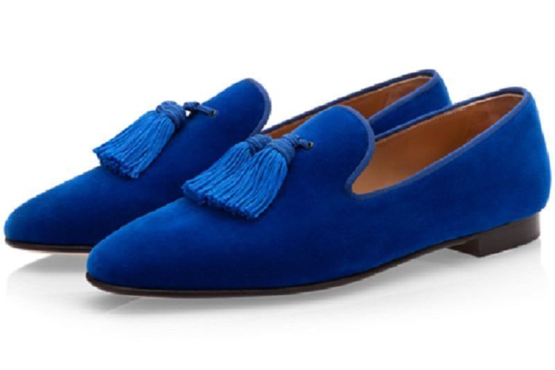 Handmade Men's Royal Blue Tassels Loafer Velvet Shoes | Etsy