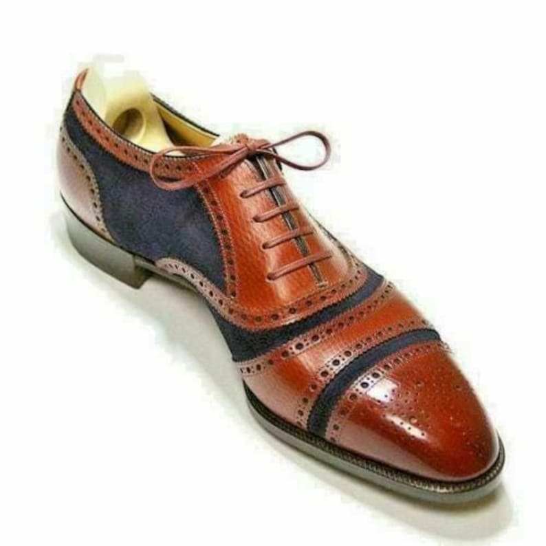 Men/'s Handmade Tan Blue Suede Full Upper Derby Oxford Formal Brogue Lace-Up Shoes
