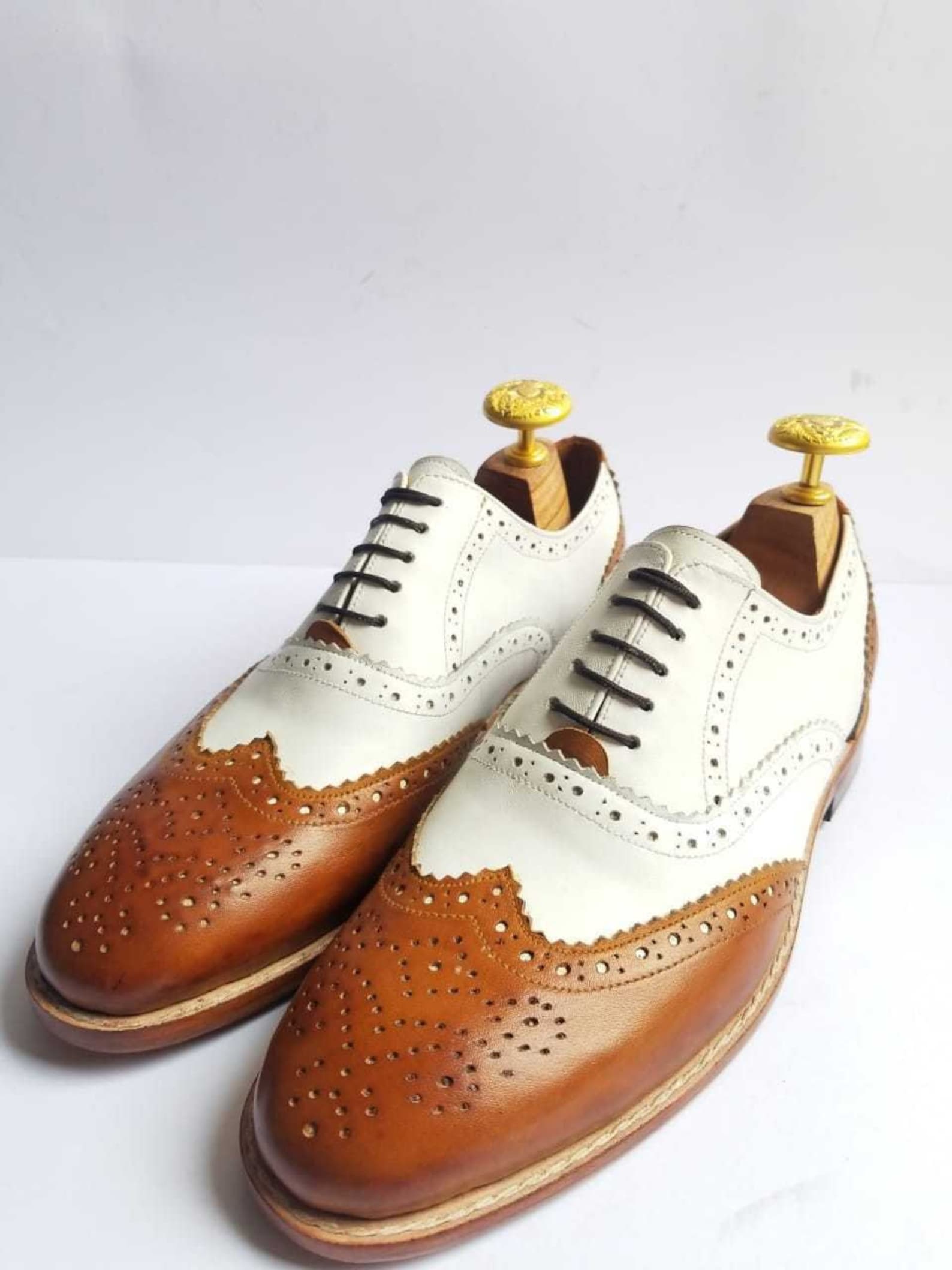 Handmade Men's Two Tone Brogue Oxford Shoes Tan & White | Etsy