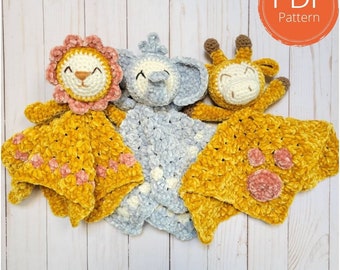 Safari animals crochet pattern bundle, lovey blanket, security blanket for baby, safari nursery theme, giraffe, elephant, lion pattern
