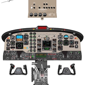 May include: A detailed illustration of a Beechcraft aircraft cockpit, featuring a variety of gauges, switches, and controls. The cockpit is painted in a beige and grey colour scheme, with black accents. The image includes a variety of instruments, including a compass, altimeter, airspeed indicator, and attitude indicator. The image also includes a variety of switches and controls, including a throttle, yoke, and flap lever.