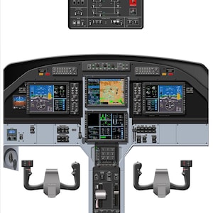 Könnte beinhalten: Detaillierte Illustration eines Pilatus PC-12 NGX Flugzeugcockpits. Das Bild zeigt verschiedene Instrumententafeln, Steuerhörner und Displays, mit dem Text "PILATUS PC-12 NGX" oben. Das Cockpit ist hauptsächlich grau und schwarz, mit roten und blauen Akzenten.