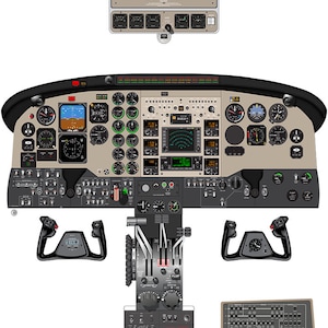 May include: Illustration of a Beechcraft King Air C90B aircraft cockpit. The image shows various instrument panels, gauges, control yokes, and levers. The color scheme is primarily beige, black, and grey, with detailed depictions of the aircraft's controls.