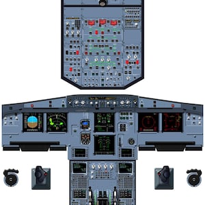 May include: Diagram of an Airbus A320neo cockpit, featuring multiple control panels, screens, and levers in shades of grey and blue. The image includes the text "COCKPITPOSTERS.CO.UK" in the top right corner.