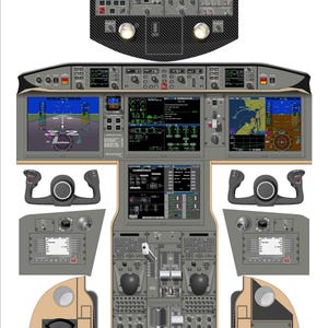 May include: A detailed illustration of the cockpit of a Bombardier Global 5000/6000 private jet. The image shows the control panel, instrument panel, and various switches and buttons. The cockpit is designed in a beige and gray color scheme.