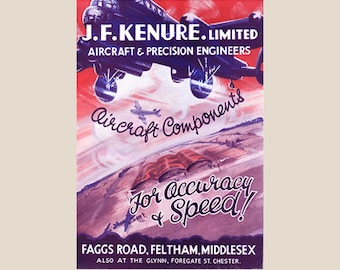 Vintage Aviation Poster - J.F Kenure Ltd Aircraft Precision Engineers 1940's WW2 Era Advert Poster