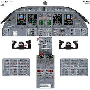 May include: A detailed illustration of a Bombardier Learjet 40/40XR/45/45XR cockpit. The image features various instrument panels, control yokes, and switches, all rendered in shades of gray and black. The text "BOMBARDIER LEARJET" and model numbers are visible at the top.