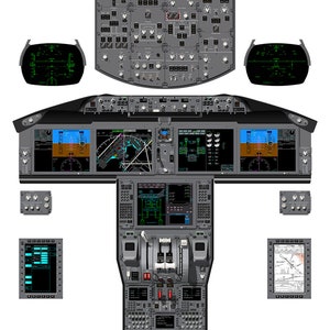 Puede incluir: Una ilustración detallada de una cabina de vuelo de Boeing 787, con una variedad de instrumentos y controles. La imagen incluye un panel superior, una consola central y un panel lateral. La cabina está diseñada para ser utilizada con fines de entrenamiento.