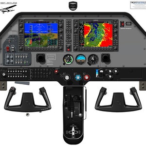 May include: A detailed illustration of the cockpit of a small aircraft. The image shows a variety of instruments and controls, including a GPS screen, a compass, and a yoke. The text "SMOKING PROHIBITED" is visible on the right side of the image.