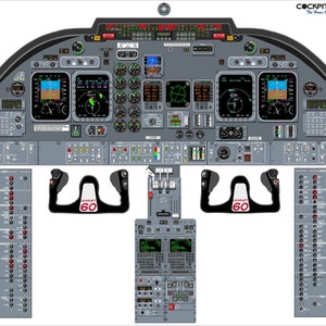 May include: A detailed cockpit poster of a Bombardier Learjet 60 aircraft. The poster features a gray and black color scheme with red accents. The cockpit includes a variety of instruments, controls, and displays. The poster also includes the text "LEARJET 60" on the yoke.