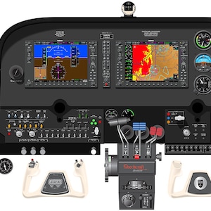 May include: A Beechcraft Baron G58 cockpit with a black and gray instrument panel. The panel features a variety of gauges, switches, and controls. The cockpit also includes a yoke, throttle, and rudder pedals.