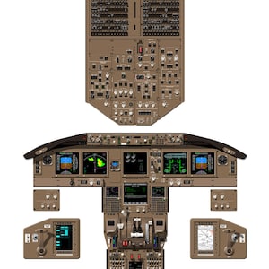May include: A detailed illustration of the cockpit of a Boeing 777-200 aircraft. The image shows the instrument panel, control panels, and other features of the cockpit. The image is in brown and black tones.