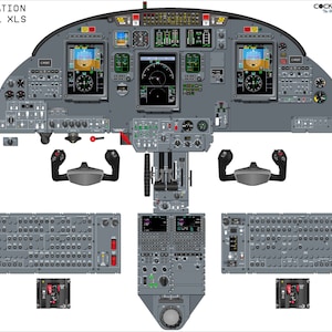 May include: A detailed illustration of the cockpit of a Cessna Citation CE-560 Excel XLS aircraft. The image shows the instrument panel, control yoke, and other flight controls. The image is labelled "CESSNA CITATION CE-560 EXCEL XLS" at the top.