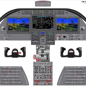 May include: A detailed illustration of the cockpit of a Bombardier Learjet 75 aircraft. The image shows the instrument panel, control yoke, and other flight controls. The cockpit is painted in a gray and black color scheme.