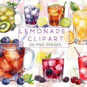 Aquarell Eistee Clipart. Aquarell Zitrone Teebecher.Sommer Beeren Limonade. Getränke Clipart. Erdbeerlimonade. Blaubeer Limonade PNG