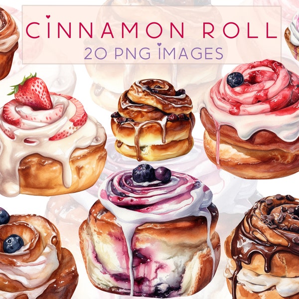 Watercolor cinnamon bun set. Watercolor sweet roll Clipart. Delicious cinnamon roll for sticker. Sublimation design. For making cards