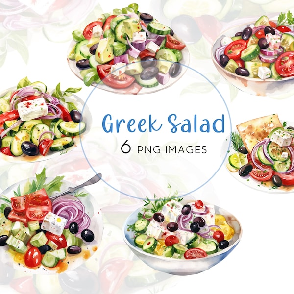 Watercolor greek salad Clipart. Food Clipart. Greek salad. Summer salad. Watercolor food. Salad greens  bunch. Feta. Breakfast salad.