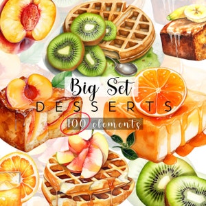Dessert aquarelle pêche orange banane kiwi. Clipart de fruits. Tarte aux pêches. Limonade. Gâteau. Milk-shake. Cupcake à la banane. Fabrication de cartes. Dessert sucré.