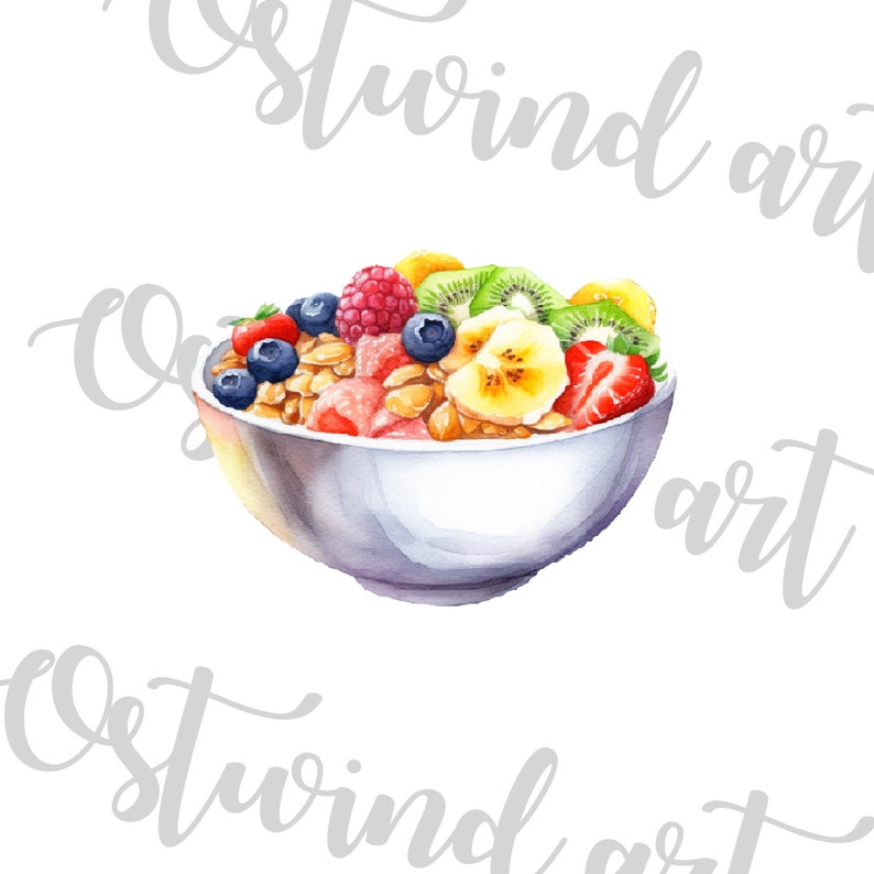 Watercolor Healthy Bowl Clipart Bundle, Fruit Bowl Digital Images ...
