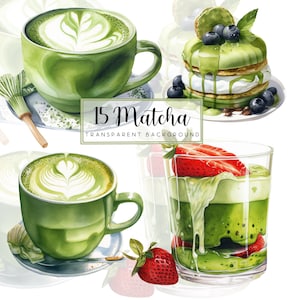 Clipart aquarelle matcha. Aquarelle de boisson au thé vert latte. Clipart de matcha latte. Dessert matcha. Gâteau matcha. Scrapbooking. Fabrication de cartes