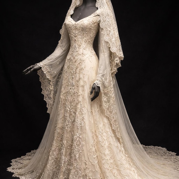 Vestido de noiva Angelica, inspirado no estilo vintage, com renda, mangas compridas e véu catedral. Modelo romântico boho, em renda marfim com corte em A.