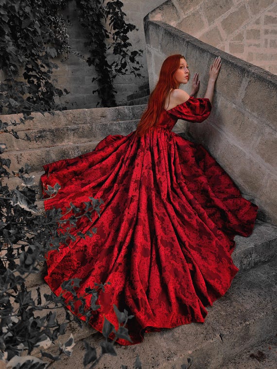 水墨画 女性と街並み 赤いドレス　フレームなし 深紅の貴婦人ドレス、ふくらんだ袖と長い裾が特徴のスイートハート